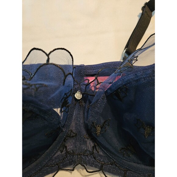 Adore Me Bra Womens 44D Black Bats on Blue Lace Mesh Balconette Underwire BAL - Picture 3 of 7